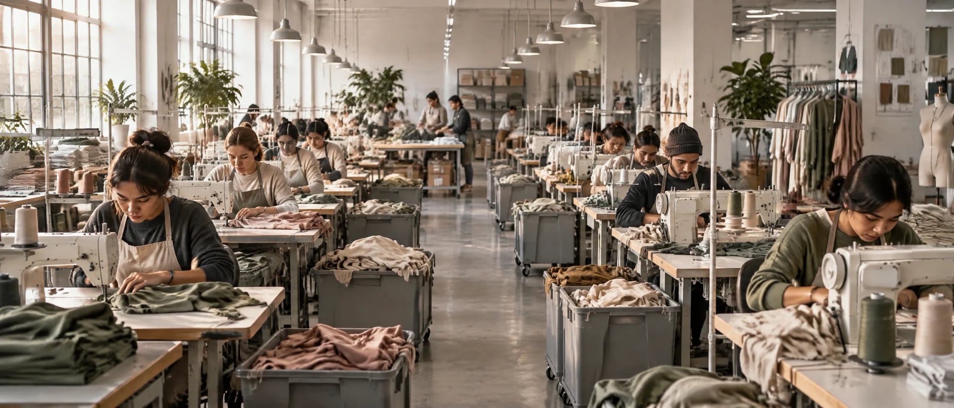 Rows of sewing machines in a bright garment workshop