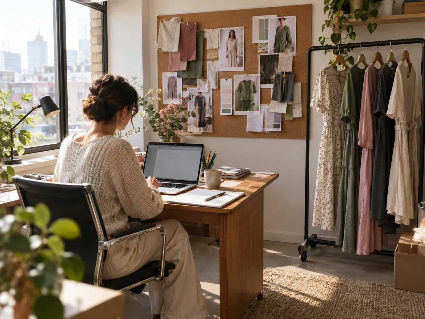 A small office desk by the window with a rail of sample dresses