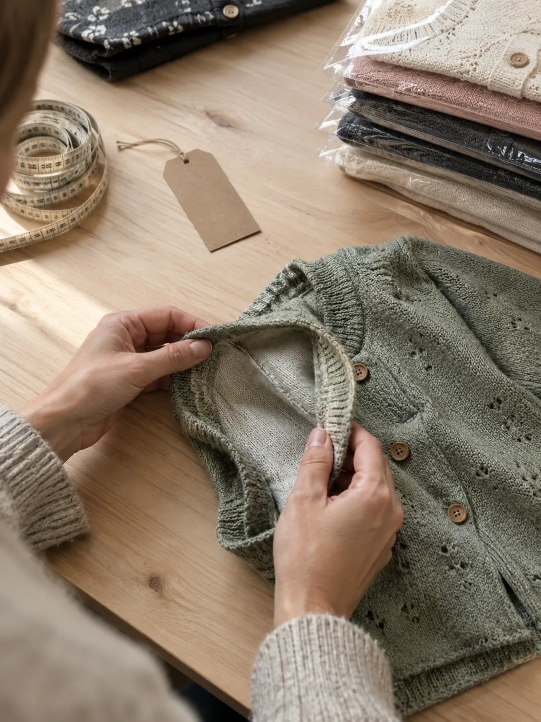 Hands turning a knitted child's cardigan inside out to check the seams